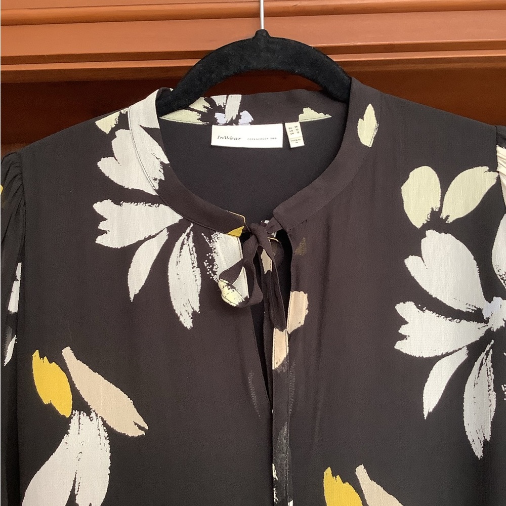 InWear (Copenhagen) Floral Midi Drop Waist Dress Black White Yellow Size 10 - Picture 2 of 13
